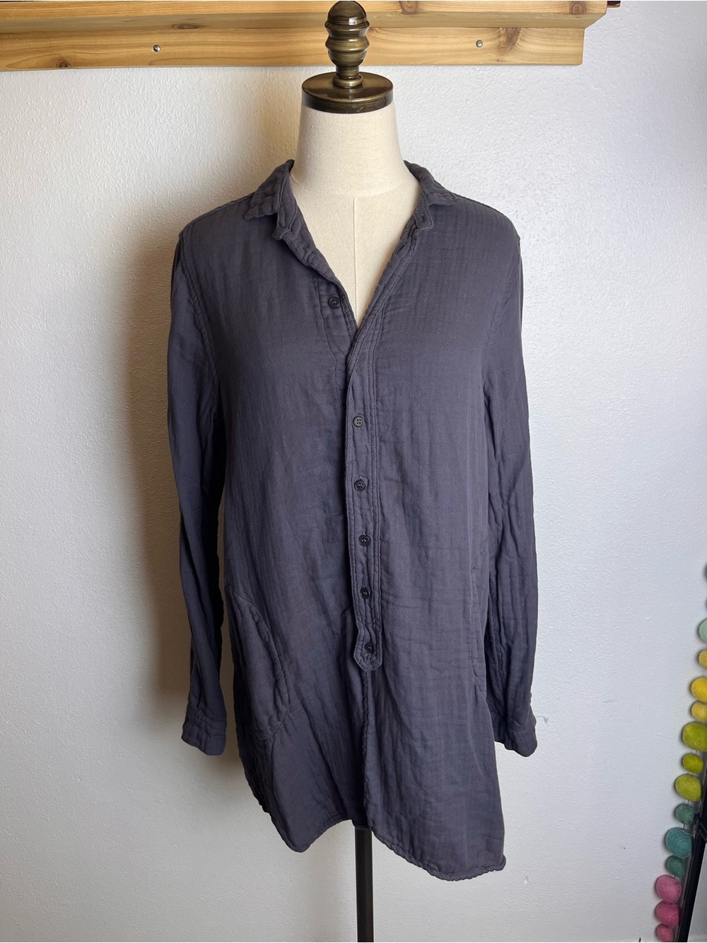CP Shades Button-Front Tunic Shirt in Charcoal Blue 100% Cotton